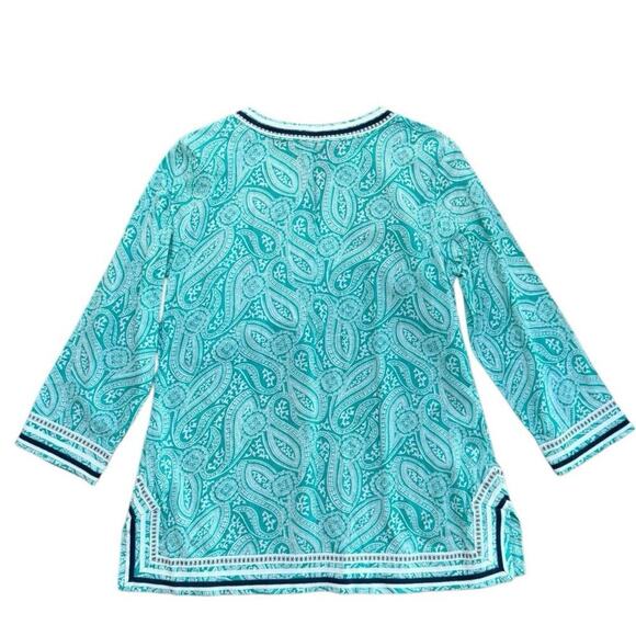 Talbots Green Paisley Green White Trim 100% Cotton Side Slits Tunic Top Size M - Picture 4 of 4